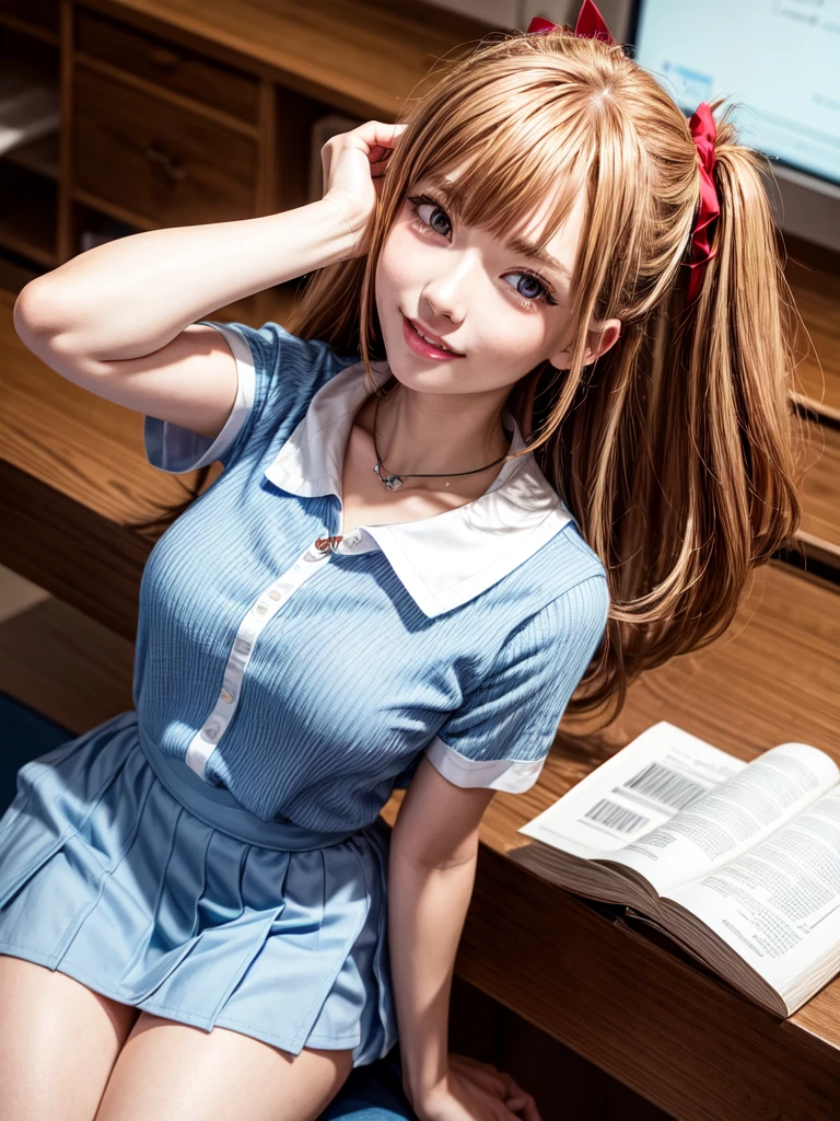 (8k, highest quality, Pieces fly:1.2)、Ultra-high resolution、anime,1 very pretty girl,Asuka Langley,Highly detailed face, Fine grain,blue eyes,,White sailor collar plain short sleeve shirt,Light blue skirt,Light Blue Suspenders,uniform_Red ribbon,Orange Hair,Long Hair、Detailed hand and fingers,put your hands in your hair,Grin、sitting on desk,Shooting from the sky,classroom