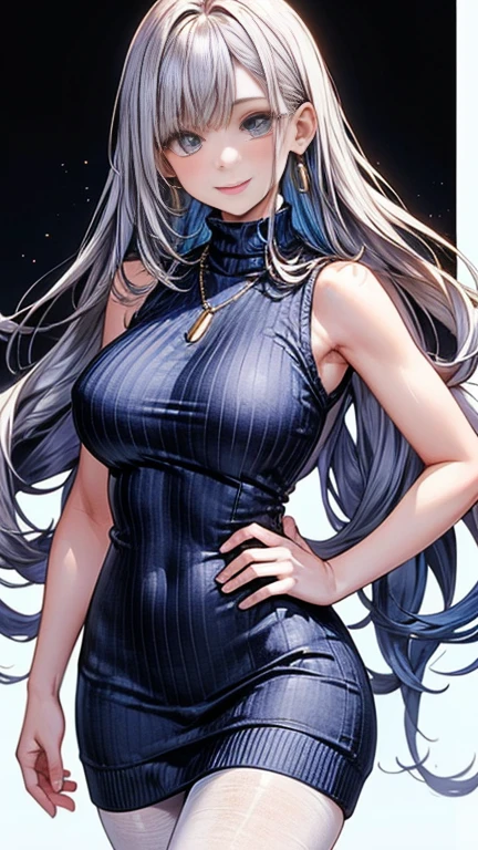 ((highest quality)), ((masterpiece)), (detailed), (Character Focus、breast focus), (One Girl: 1.5)、4k、((Symmetrical facial features)), Anime 2D Rendering, Realistic young anime woman,
Perfect Face, (Anime eyes:1.2、Beautiful fine details、Shining Eyes), Beautiful body, Beautiful thighs, Beautiful feet, (White beautiful skin:1.5)、Perfect round butt、 Slightly larger breasts、20-year-old、
Silver Hair、(Long Curly Hair)、dark red eyes、Earrings、Gold Necklace、
((Blue sleeveless high neck sweater dress:1.4)、Black Pantyhose、High heels)、
Captivating smile、turn around、