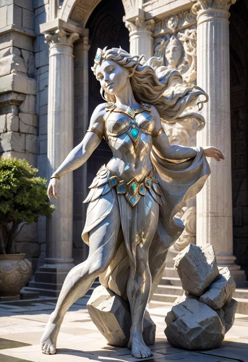 Create An Image Of A stone elemental Crafted From Polished Marble, Her Skin Gleaming With A Timeless Elegance. Despite Her Stony Exterior, Her Features Are Chiseled And Strong, Reflecting The Resilience Of Her Heritage. Surround Her With The Aura Of Ancient Craftsmanship, With Hints Of Light Dancing Off Her Surface, Emphasizing Her Ethereal Presence In The Bustling Dwarven City.
