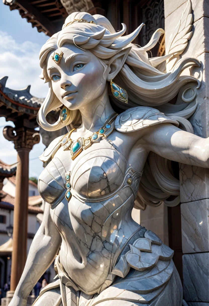 Create An Image Of A stone elemental Crafted From Polished Marble, Her Skin Gleaming With A Timeless Elegance. Despite Her Stony Exterior, Her Features Are Chiseled And Strong, Reflecting The Resilience Of Her Heritage. Surround Her With The Aura Of Ancient Craftsmanship, With Hints Of Light Dancing Off Her Surface, Emphasizing Her Ethereal Presence In The Bustling Dwarven City.
