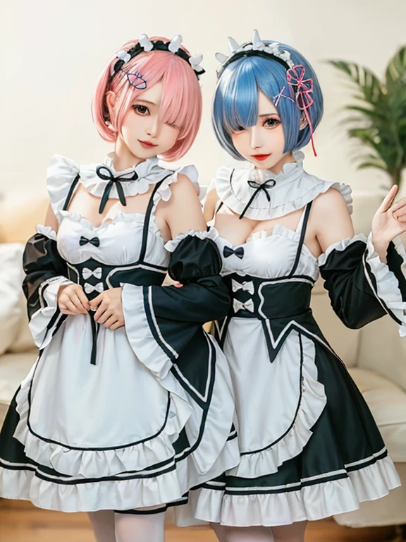 (8K, Photorealistic, Raw photo, of the highest quality: 1.3), (1girl in), Super beautiful, (Realistic face), (boyish, light blue Color Berry Shorthair),(8K, Photorealistic, Raw photo, of the highest quality: 1.3), (1girl in), Super beautiful, (Realistic face), (boyish, pink Color Berry Shorthair), Beautiful , Glare that captivates the viewer, Beautiful expression, Beautiful breasts, (Realistic skin), Be...Create a detailed and colorful image of Ram and Rem from Re:Zero, standing back-to-back in their maid outfits, with a magical fantasy background、14years old, two girls,cute, perfect face, beautiful, nice body, gothic lolita clothes, gothic lolita fashion, frilly skirt, headdress, necklace, bracelet, knee-high socks, boots, double eyelids, tear bags, Detailed down to the fingers, photo-like description, indoors, dim indoor lighting, one girl is pink hair and short bob, another girl is light blue hair and short bob,standing, whole body, composition that shows the whole body, smiling,The Both of them are wearing the same type of maid outfit