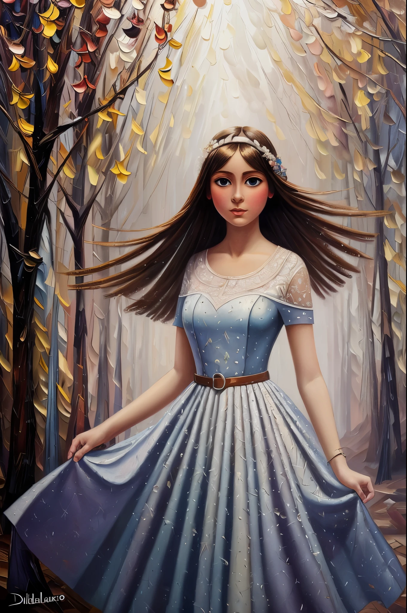 the young female fashionista,rays of light, liliac fog ((Didier-Lourenco style)), ((oil painting)), vivid color, ((masterpiece)), single shot, impression, highest detail, perspective, 8k