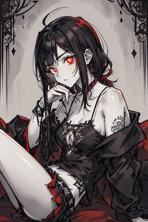 (Punk Girl:1.2), short mullet hairstyle, (Glowing scarlet eyes:1.2), (Translucent pale skin:1.2), No humans, Beautiful eyes with fine symmetry, (Intricate details:1.2), (Highly detailed face and eyes:1.2), (Super detailed skin quality feeling:1.4), No makeup, (dark circles:1.1), midnight aura, Creation of fantasy, Thrilling color schemes, (view from the side:1.2), lying down, (Highly detailed), (high resolution), (Best quality), (masterpiece)