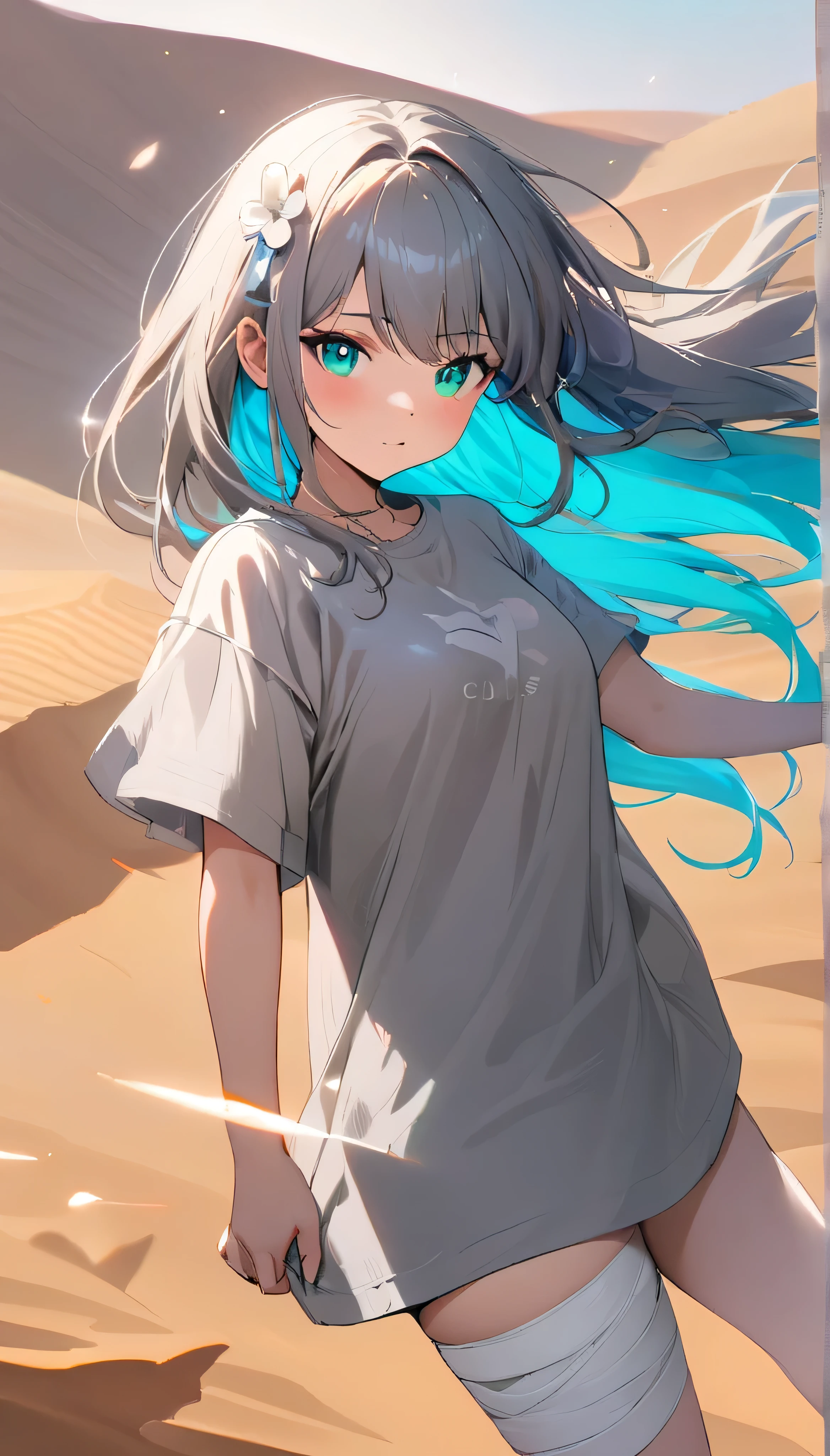 Resolution full, best quality, masterpiece, full HD, very sharpener, best art, very accurate, depth of field,  beautifull girl, very accurate, 1girl, waifu, cute waifu, long hair, dark grey  hair, cyan inner hair, white flower hair ornament, beautiful cyan eyes, medium  breast, grey T - shirt oversized, bandage hands, bandage legs, holding sword, the girl have lighting power, floating girl, at desert, Columbus cloud