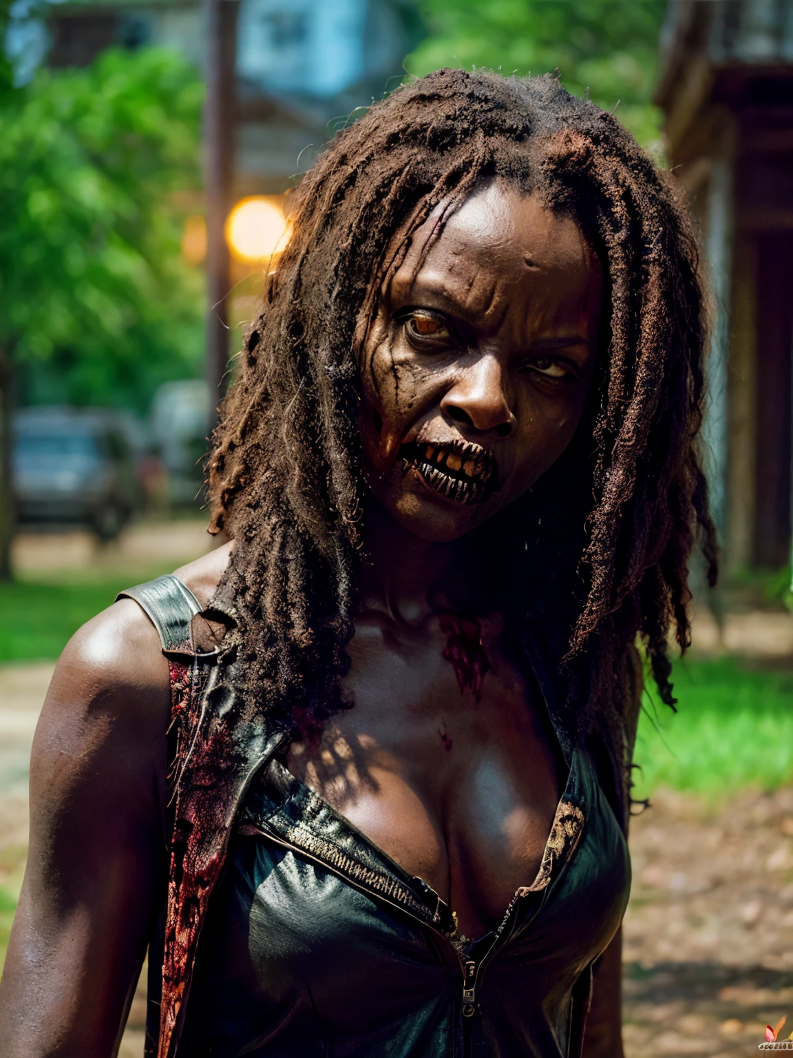 masterpiece, best quality:1.2), ((RAW photo, Best quality)), (Realistic, photo-realistic:1.2). (((Michonne a black evil zombie woman))) , (((blood, hottinig, skull face ))), ((horror, creepy)) , night, (((White eyes))). angry. ((( Exposed brain))), ((Pale or Grey skin)), wounds, empty eyes, torn clothes, slow movements, guttural noises, aggressive and cannibalistic behavior. Cinematic lighting.