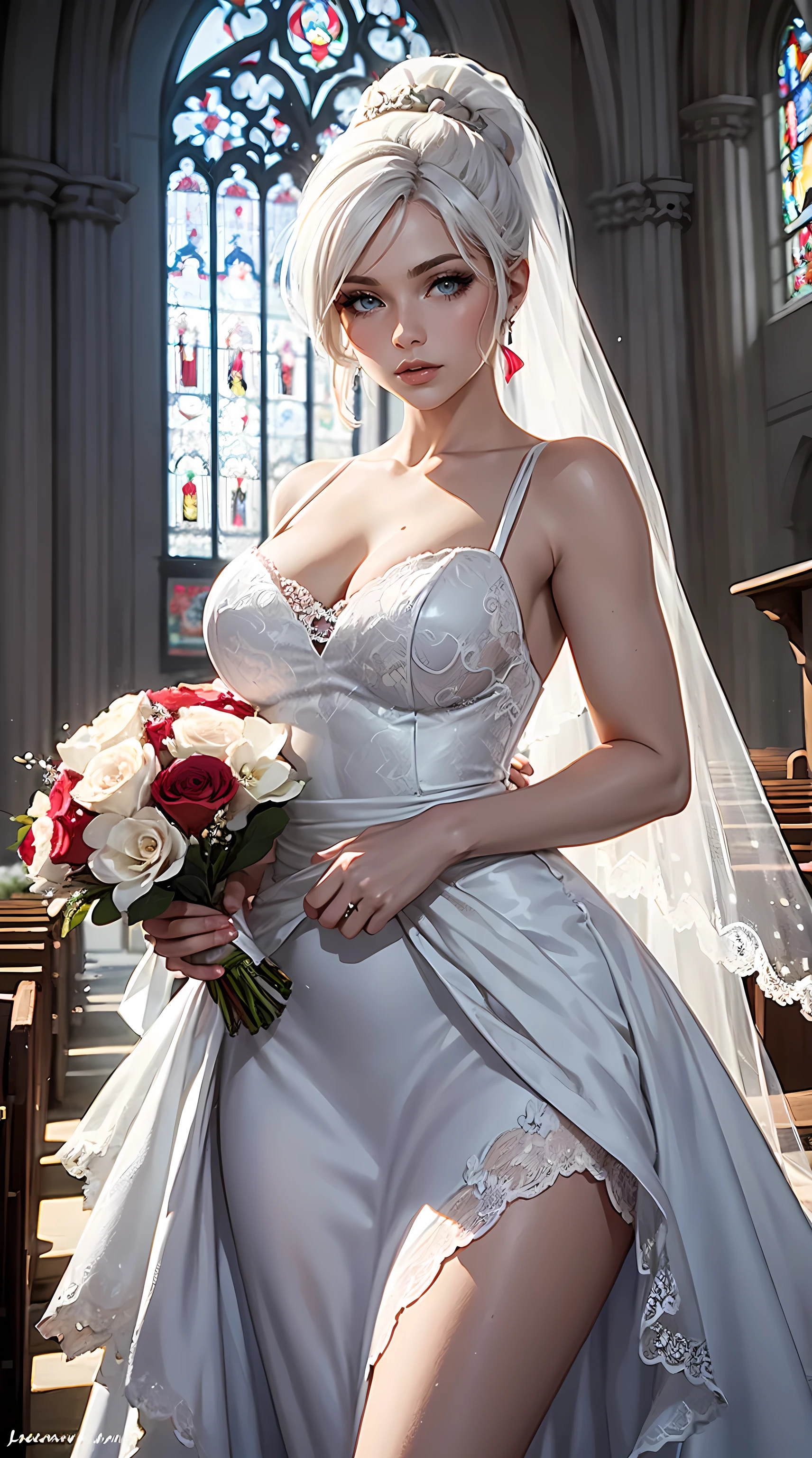 Beautiful white hair woman is shown to have a slender figure. She is wearing a  beautiful  detailed wedding dress , jewelry, ponytail, holding a bouquet of flowers, she has blue eyes, Girl standing in a church aisle, sexy session, front facing viewer, cowboy shot, superior quality, many details, realistic