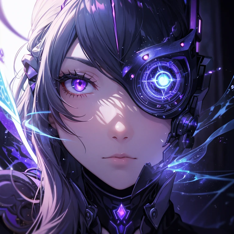 depicts a modern-day witch who has embraced the world of cybernetics to enhance her magical abilities. The artwork should convey the enchanting blend of traditional witchcraft and futuristic technology. Here are some specific elements to include: The Witch's Lair: The setting should be a cozy yet slightly eerie room, filled with magical books, crystal balls, potion ingredients, and antique furnishings. The room should be dimly lit by candles and a soft, mystical glow emanating from her cybernetic enhancements. The Cyborg Witch: The central focus of the artwork is the witch herself. She's a striking figure with a mix of traditional witch attire and cybernetic enhancements. Her clothing should have a witchy, occult aesthetic, with flowing robes, a pointed hat, and an intricate pentagram necklace. Her arms, however, have been upgraded with cybernetic components that incorporate magical symbols and glowing runes. Magical Interface: The witch is in the midst of casting a spell, with a holographic, touch-screen interface floating before her. This interface includes spell incantations, arcane symbols, and digital components, demonstrating her fusion of magic and technology. Spell Ingredients: On a nearby table, there should be a collection of spell ingredients, like herbs, potions, and magical artifacts. Some of these items may have been modified with cybernetic enhancements, blurring the line between the natural and the technological. Familiar: The witch's familiar, perhaps a cat or raven, should be present in the scene, serving as her magical companion. The familiar could also have subtle cybernetic enhancements or glowing eyes. Glowing Runes: The room should be adorned with ancient symbols and glowing runes on the walls and floor, contributing to the magical atmosphere. Aetherial Lighting: Use a combination of mystical, ethereal lighting and cybernetic glows to create a captivating interplay of light and shadow. The contrast between the tradit