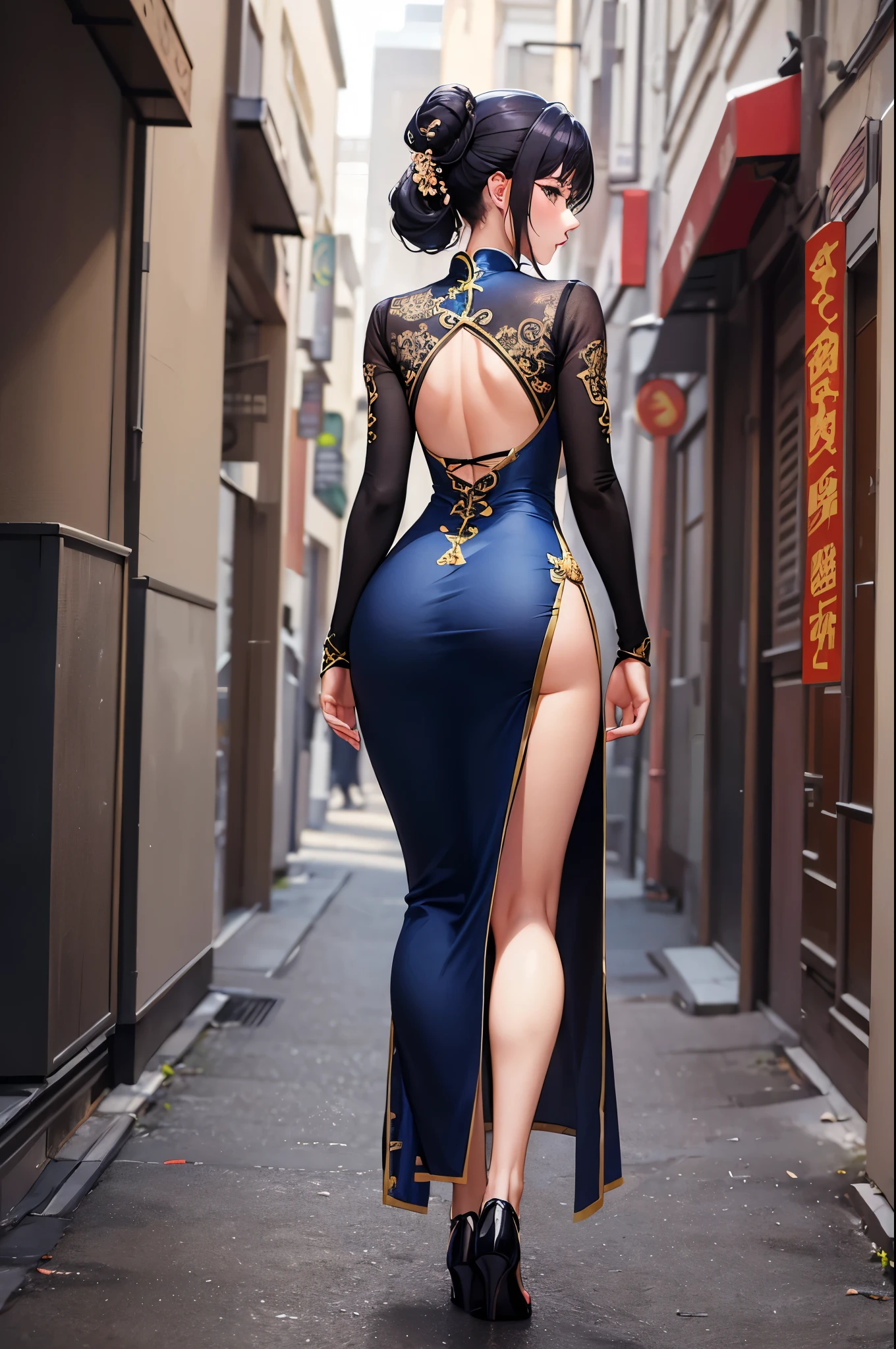 a sexy woman, (best quality), (masterpiece), (1girl), slim, anime, (chinese dress), (walking), (protrait), (full body view), (view from behind)