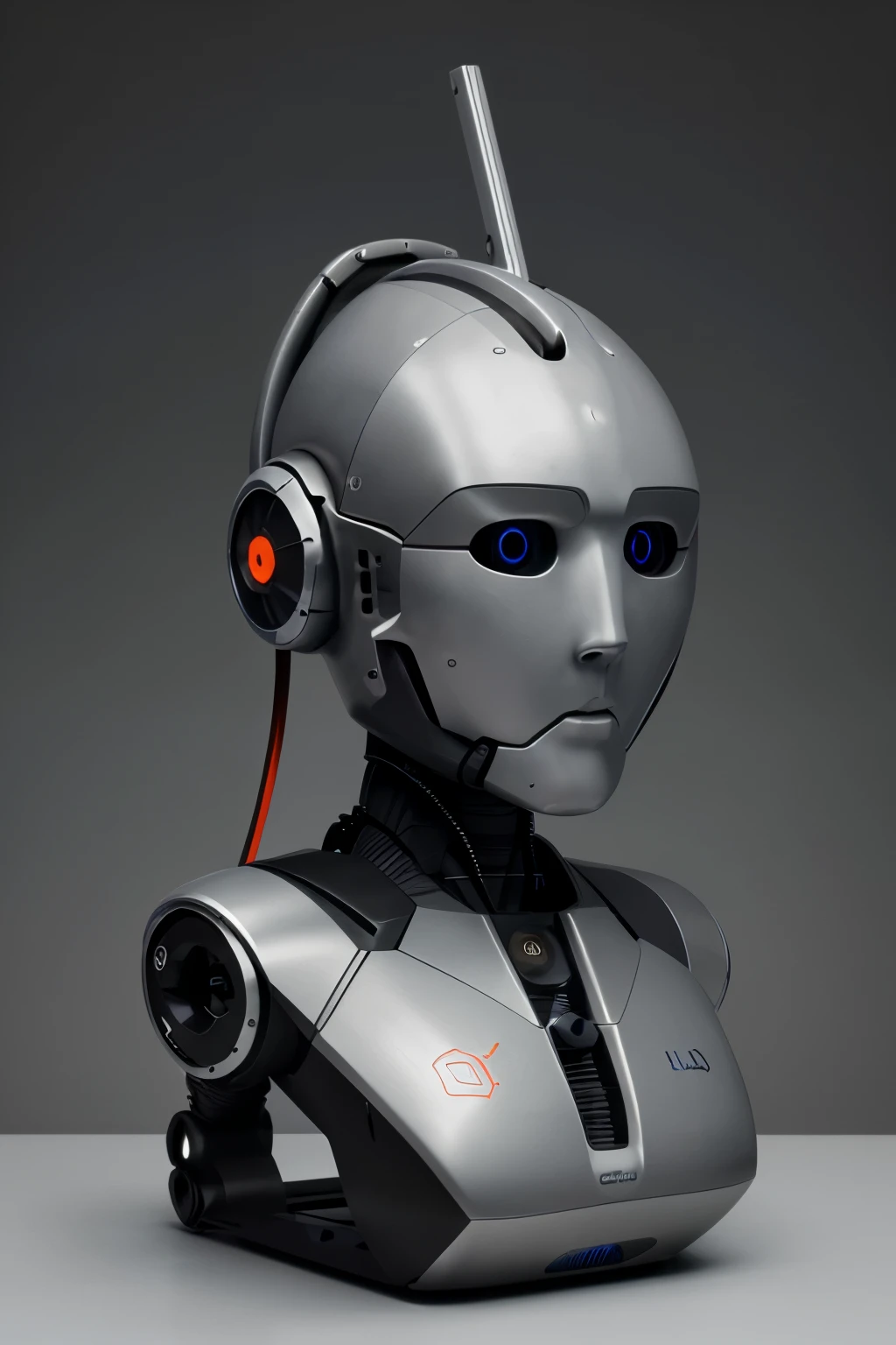 Quiero que.design me a futuristic robotic head, que este de manera lateral y de ella se desprenda cuatro conectores en forma de cables 