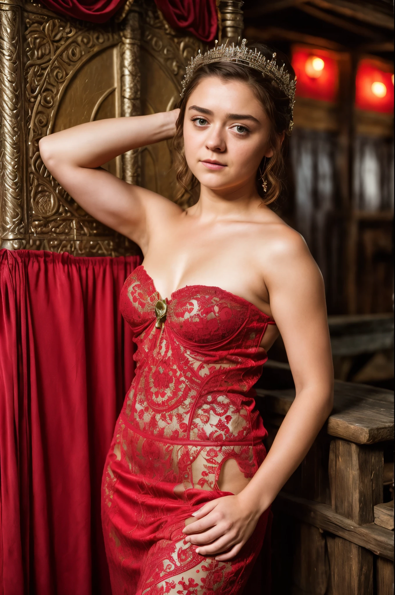 Foto RAW, Arya Stark, Extremely gorgeous lady, Arya Stark PLAYED BY MAISIE WILLIAMS, Queen Arya Stark, she  a mature woman now, milf, sexy mediaeval battle dress, gladiator woman, body, 40 years old Woman, body revealing costumes, perky breast, big natural breast, erotic costumes, lusty physique, seductive figure can capture every people's attention, Game of thrones costumes, revealing captivating figure, Mediaeval costumes, revealing clothes, A tomboy, she would rather fence than dance, warrior queen , game of thrones screen caps, Game of Thrones Series, (pele altamente detalhada: 1.2), 8k UHD, DSLR, soft-lighting, alta qualidade, grain of film, Fujifilm XT3, flawless picture, highly detailed, detailed Beauty, intricate, 32k, sharp picture,