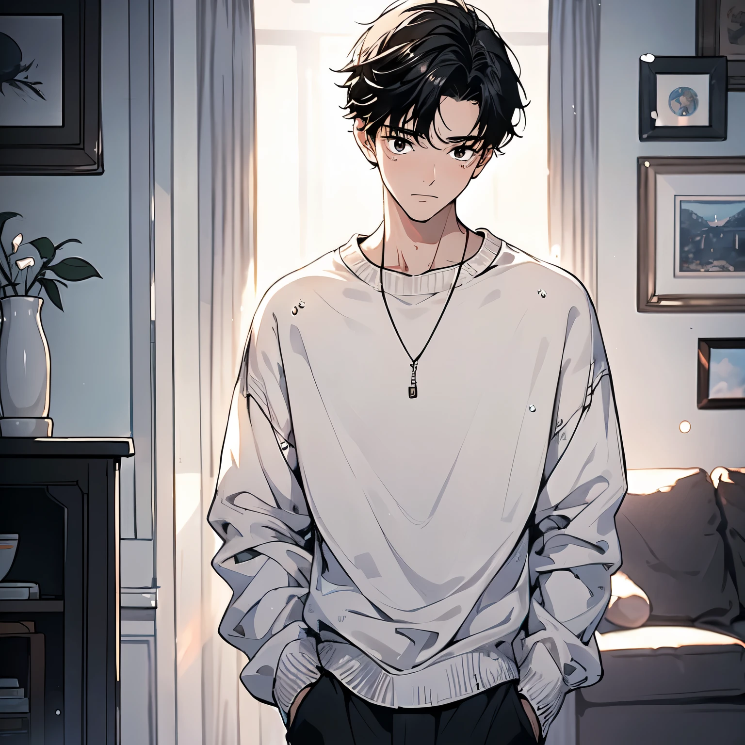 A black hair,18-year-old man in white sweater,Standing in the living room of the house,Sad expression,Laugh and cry,Tears(Upper body display:1.5)(cinematic lighting:1.5))(ultra-high detail:1.5)(best quality:1.5)