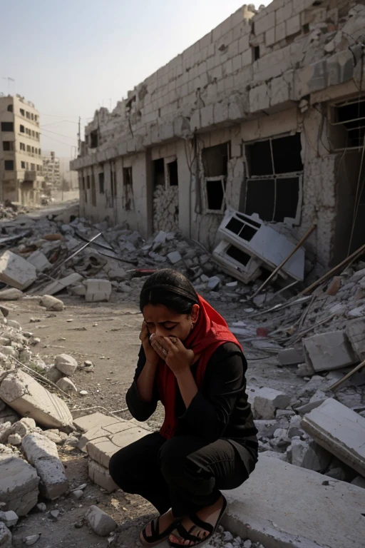 Palestinian , crying, Palestine flag, rubble background