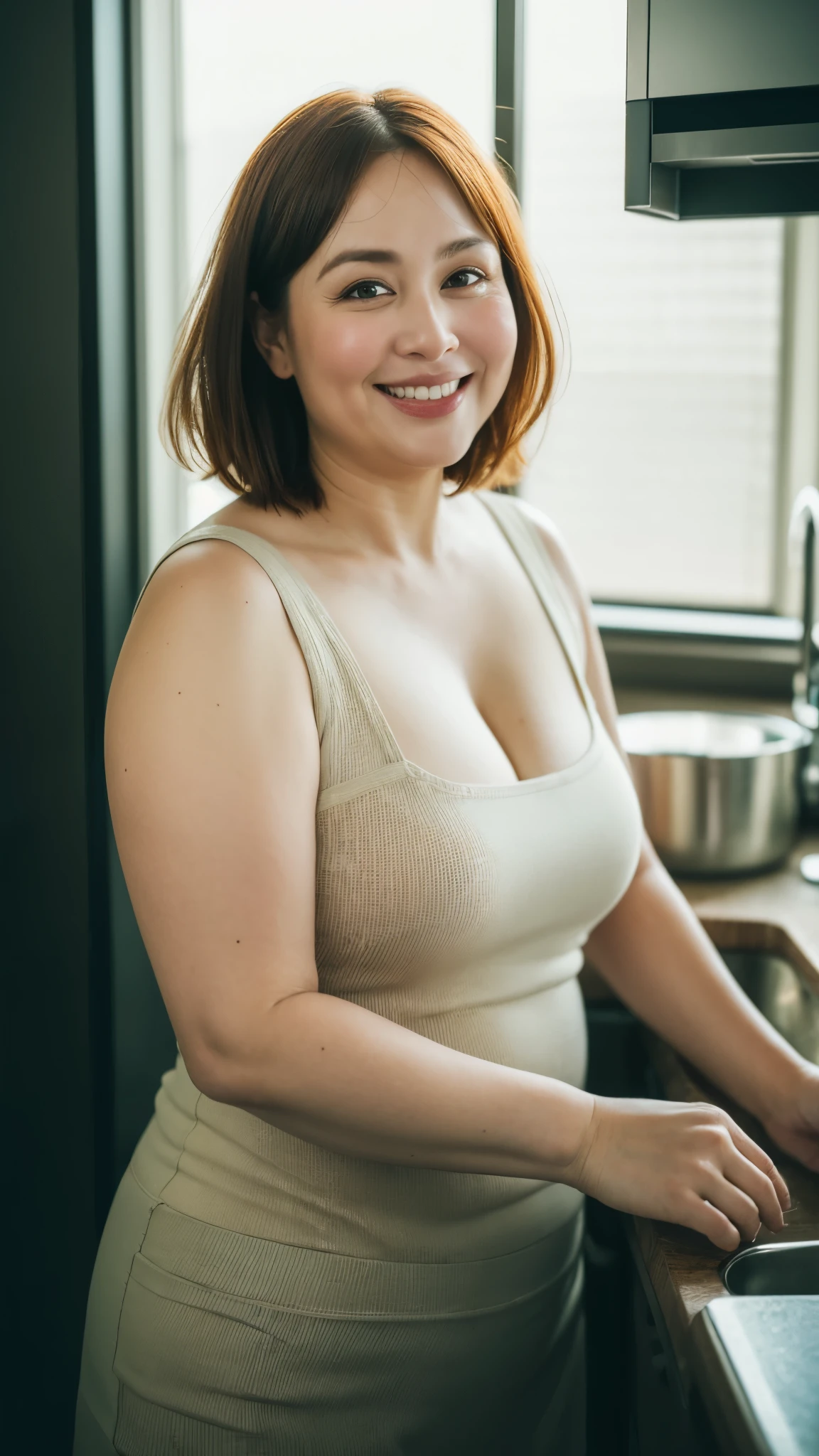 Foto RAW, Nordic Face, Looks like Julianne Moore, Highly detailed CG Unity 8k wallpaper, top quality, super detailed, masterpiece, realistic, photo realistic, very detailed cute girl, 45 years old, ((chubby lady:1.3)) , (plump lady:1.3) , large breasts , cleavage , round eyes, viewer, smile, parted lips, half body shot , naked apron , kitchen , bangs , shoot from the side,(pele altamente detalhada: 1.2), 8k UHD, DSLR, soft-lighting, alta qualidade, grain of film, Fujifilm XT3