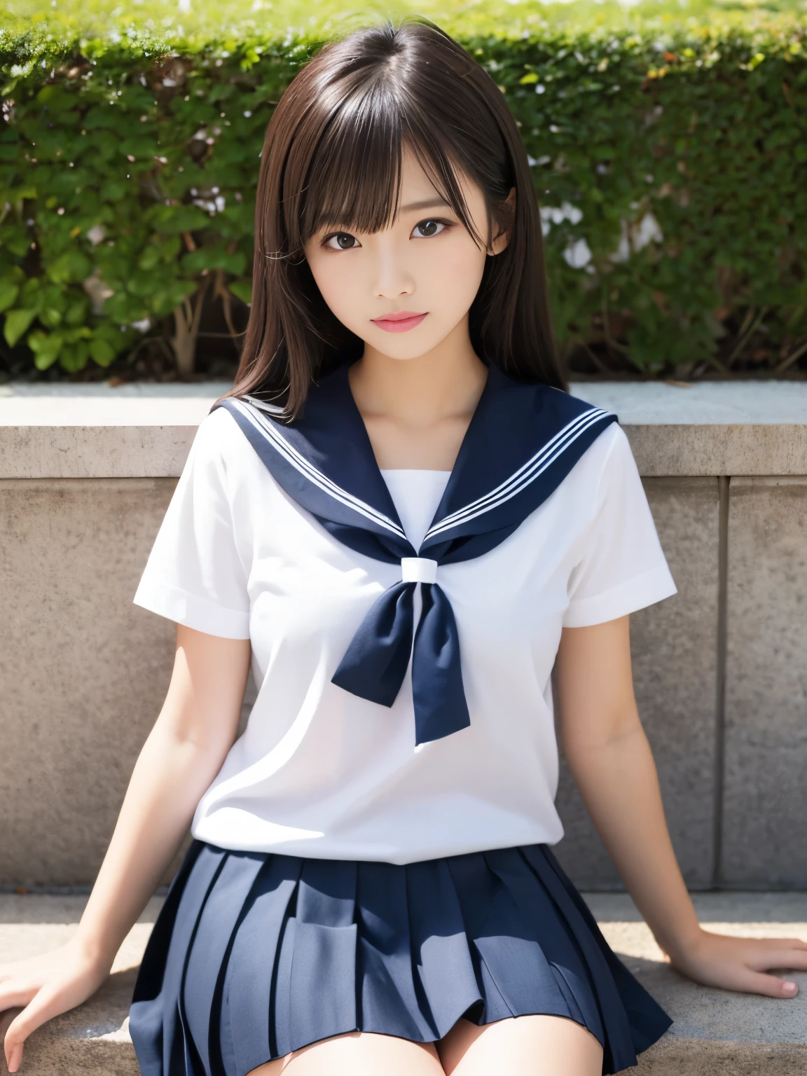 (masterpiece, highest quality:1.2), One girl, alone, 18-year-old、Japanese girls、Beauty、Beautiful and cute face、clear,  style, (White shirt, Sailor , Navy blue pleated skirt:1.2),　Black Hair、bangs,　