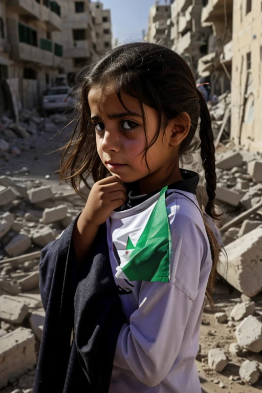 Palestinian girl,crying, Palestine flag, rubble background