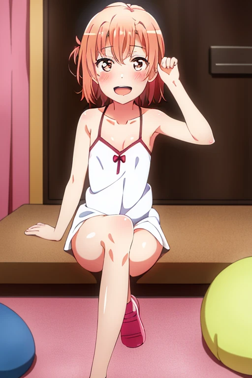 ((highest quality)), ((masterpiece)), (be familiar with), Perfect Face, indoor, Bedroom, Watching the audience,
One woman, Yuigahama Yui,
Open Mouth, Ecstatic expression, blush, smile,
Small breasts, Flat Chest, Young Girl, , , Girl,
Short Hair, Salmon-colored hair, Salmon-colored eyes, Side Pony,
Leg spread,
