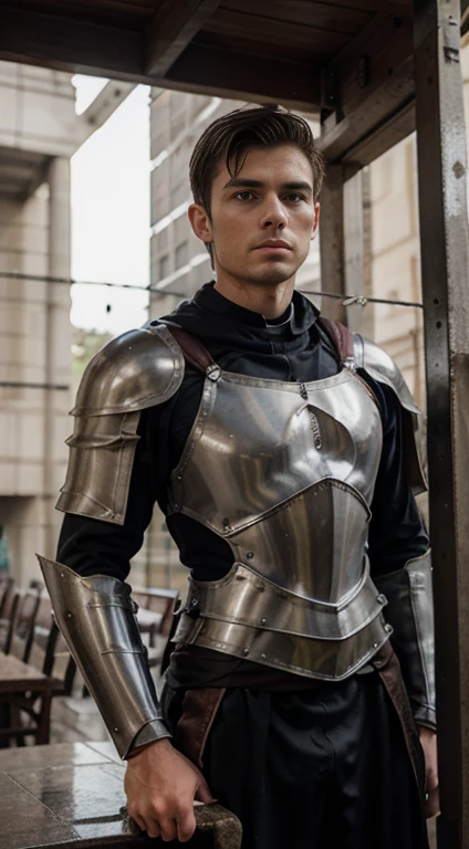 A young christian knight man doing pullups in the rain with a bar infront of a Catholic hurch, preparing himself mentaly an physically to defend his faith in the war that'll be soon, he is just wearing the middle lower body part of his armor, and he is not waering anything in the upper middle of his body
