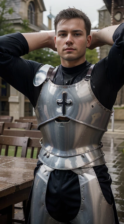 A young christian knight man doing pullups in the rain with a bar infront of a Catholic hurch, preparing himself mentaly an physically to defend his faith in the war that'll be soon, he is just wearing the middle lower body part of his armor, and he is not waering anything in the upper middle of his body