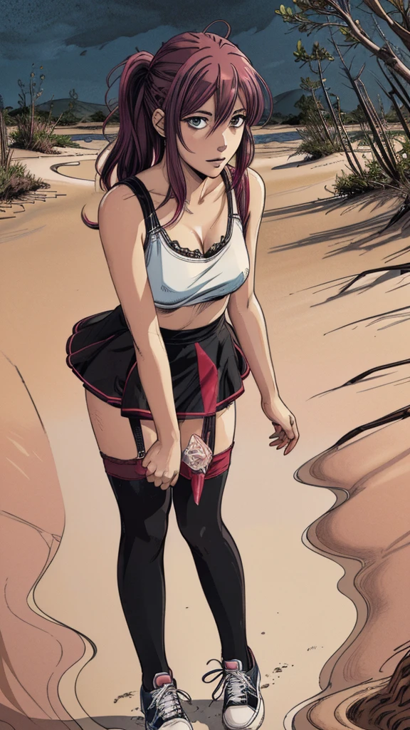 (best quality, highres), (vector image), (close-up), (anime), ( girl), (colored hair), gloomy orgasm, (blush), (detailed black red stockings:1.2), (ribber skirt), (sporty top), (near quicksand bog), (blue), (sneakers), (fashion provocative):1.3, standing on knees
