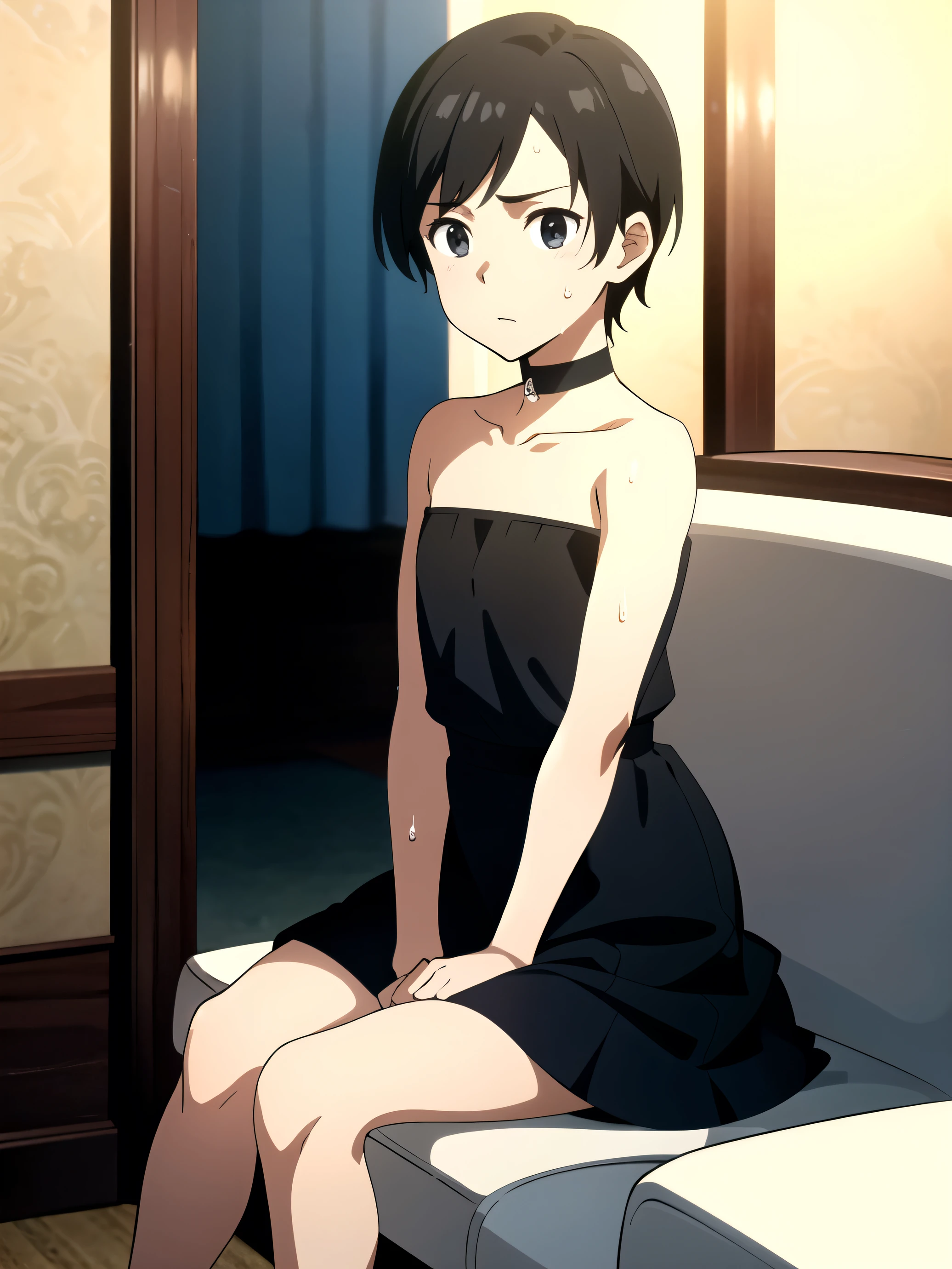 Highres, Masterpiece, Best quality at best,Best Quality,hight quality, hight detailed, 1boy, Boy,Black hair, Side bangs, Shota, Sweat, Strapless dress, Mini skirt, Choker, collarbone, Depth of field, Anime Screencap Style, thin line, Sitting on the chair, Seen from the front, Little sweat,  boy, (very small and short stature), (veryng boy), 12-year-d b Blurand simple beckground