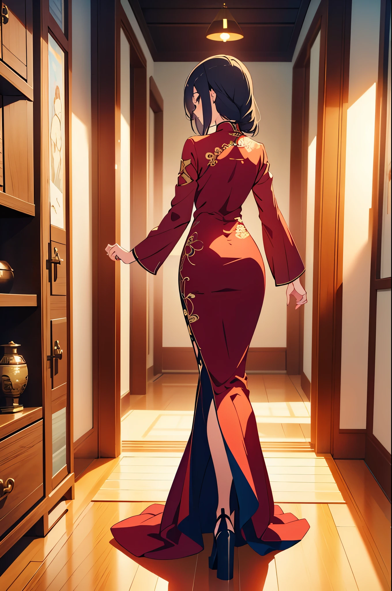 a sexy woman, (best quality), (masterpiece), (1girl), slim, anime, (chinese dress), (walking), (protrait), (full body view), (view from behind), (looking to the left)
