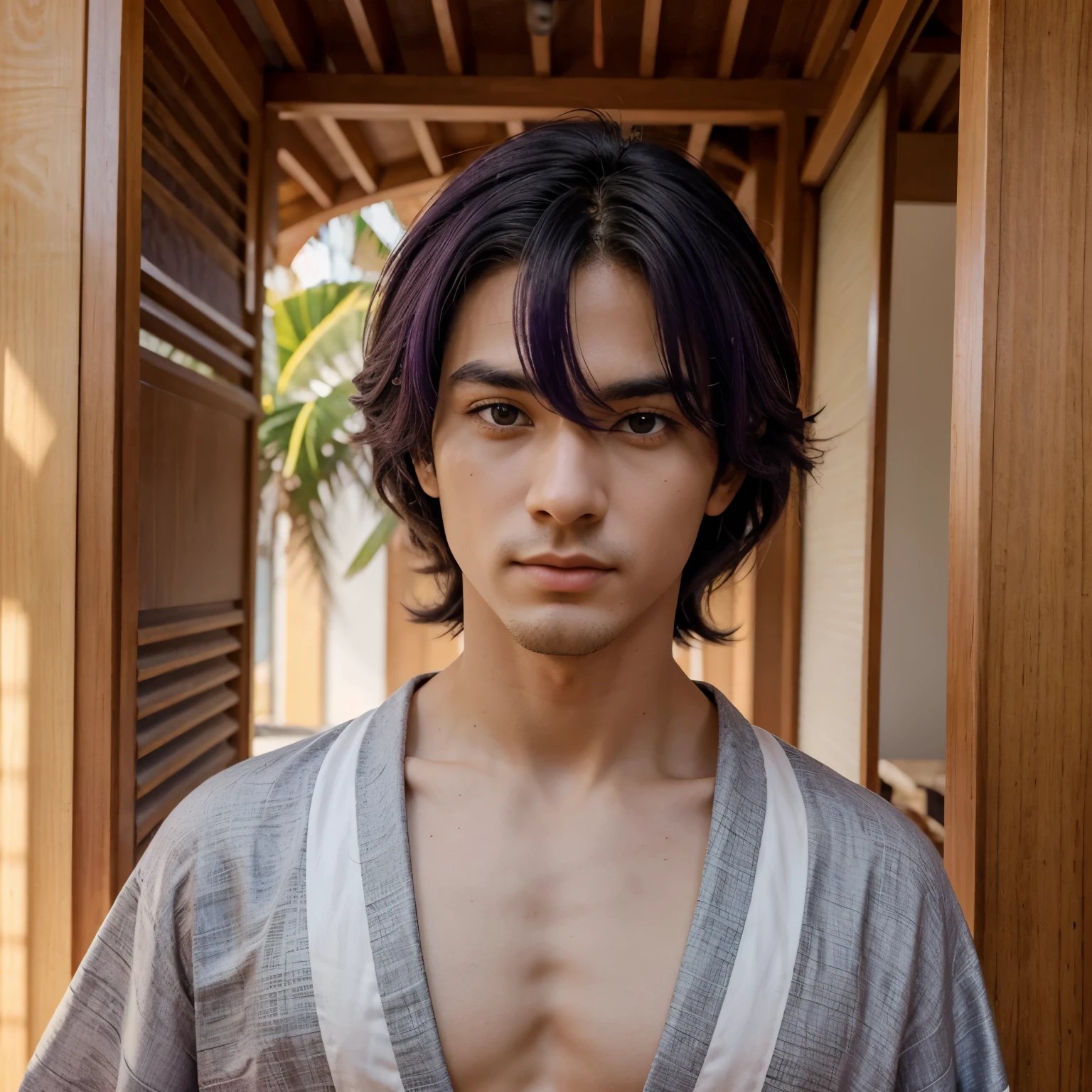 Um vitral de um homem de cabelo branco longo e nas pontas vermelho com um olho roxo e o outro laranja usando um brinco de lua e outro de sol e usando um kimono preto e amarelo estilo anime