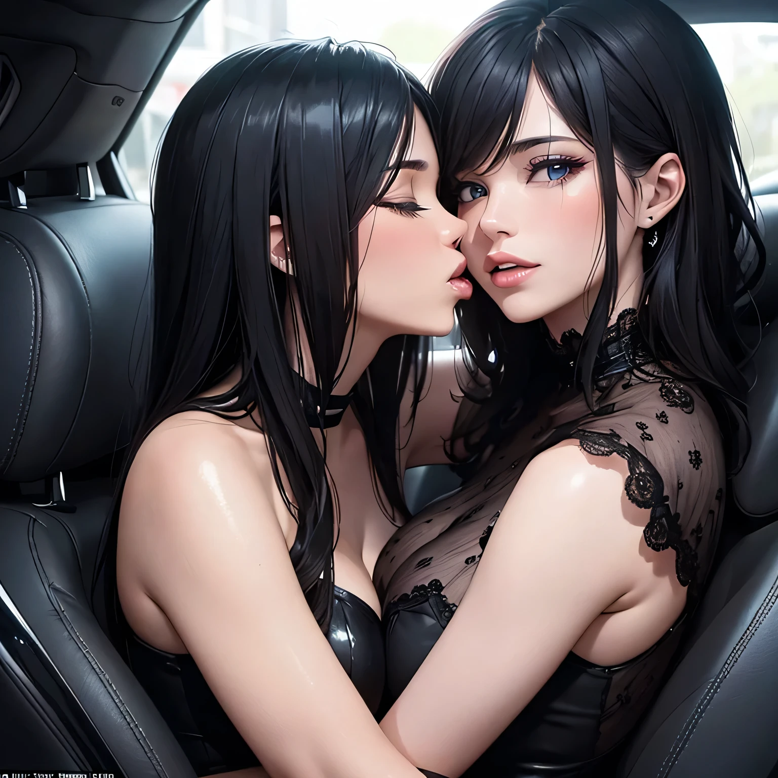 Amazing portrait of two sexy women aggressively making out passionately inside a car with intense kisses as it's raining outside during night time and they're hugging each other tight and they're kissing passionately with their lips touching