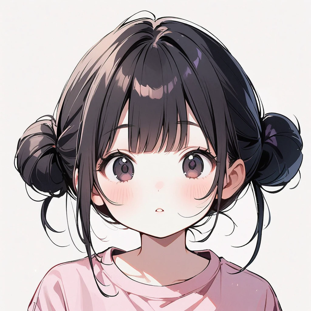 Woman, slim, pale, pure, simple, white background, face close-up, black hair, black eyes, straight bangs, asian eyes, slanted eyes, small eyes, narrow eyes, Chinese eyes, buns, cute, straight bangs, cute, adorable, pastel pink shirt, pale skin, playful
