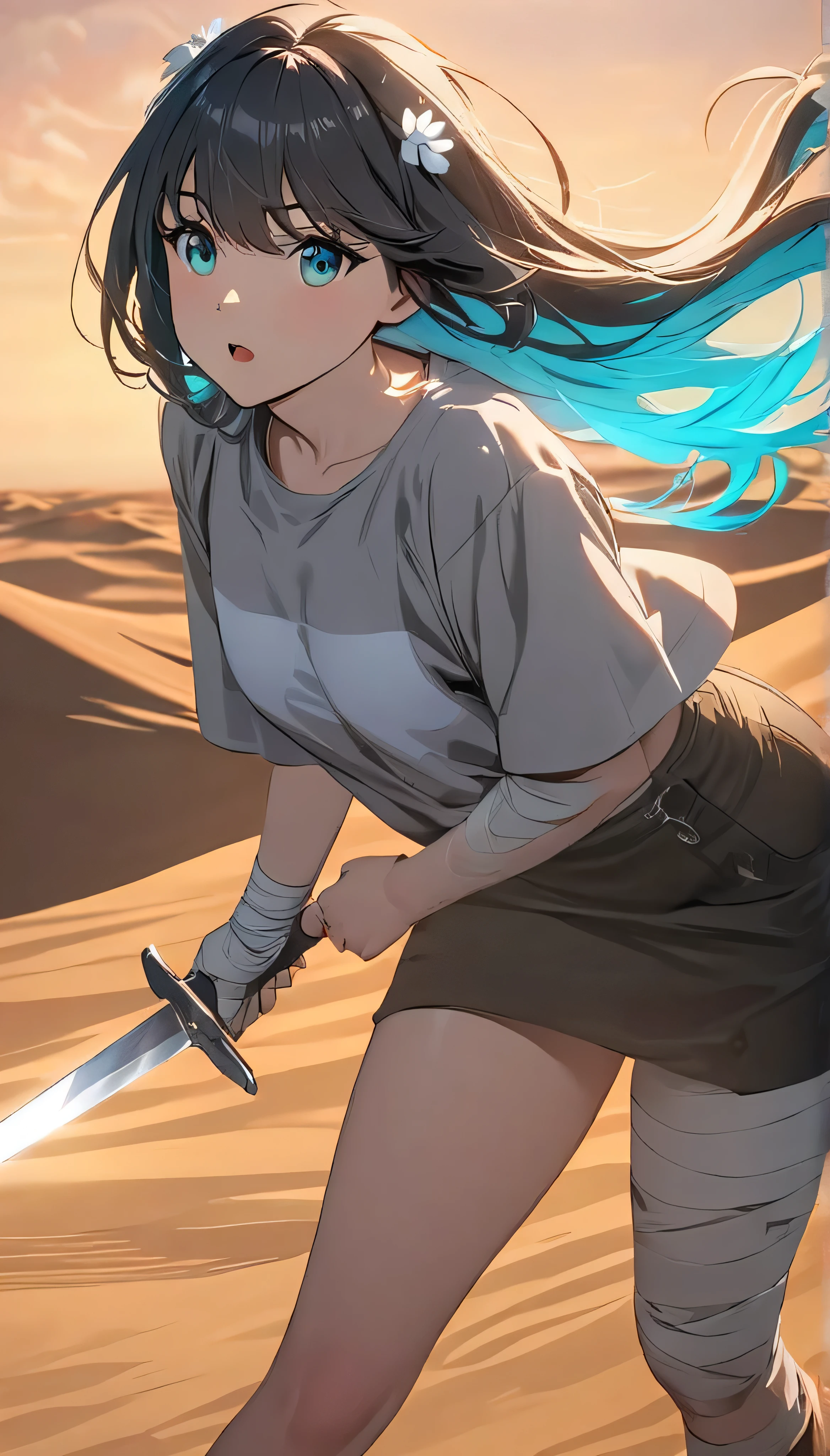 Resolution full, best quality, masterpiece, cinematic lighting, best photography, full HD, very sharpener, best art, very accurate, depth of field,  beautifull girl, very accurate, 1girl, waifu, cute waifu, long hair, dark grey  hair, cyan inner hair, white flower hair ornament, beautiful cyan eyes, medium  breast, grey T - shirt oversized, bandage hands, bandage legs, holding sword, the girl have lighting power, floating girl, at desert, Columbus cloud