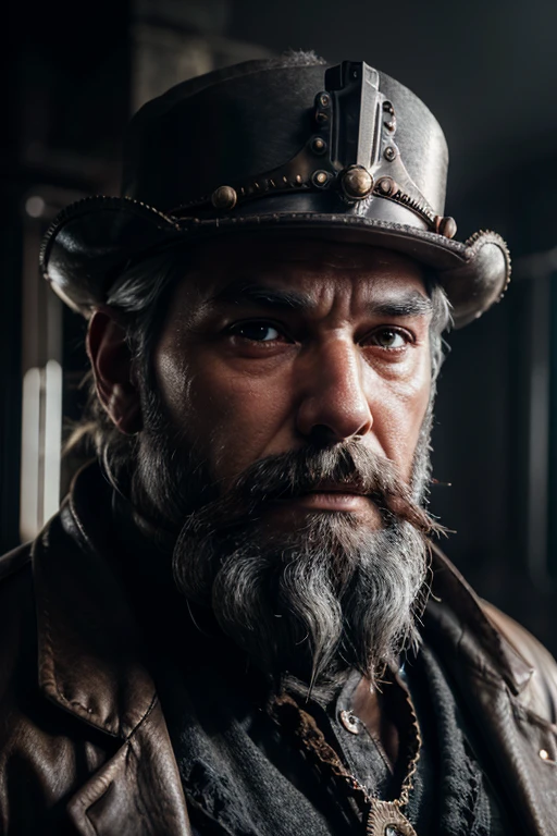 a bear, standed, gray beard, steampunk, grey hair, crown, blank eyes, closed mouth, serious, Hyperrealism, cinematic lighting, chromatic aberration, perspective, Nikon, 4K