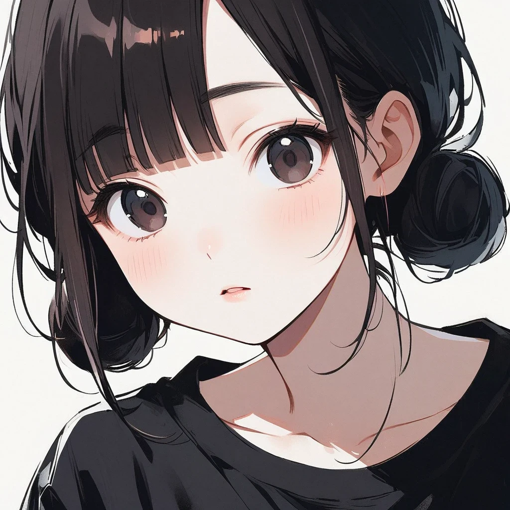 Woman, slim, pale, pure, simple, white background, face close-up, black hair, black eyes, straight bangs, asian eyes, slanted eyes, small eyes, narrow eyes, Chinese eyes, buns, cute, straight bangs, cute, adorable