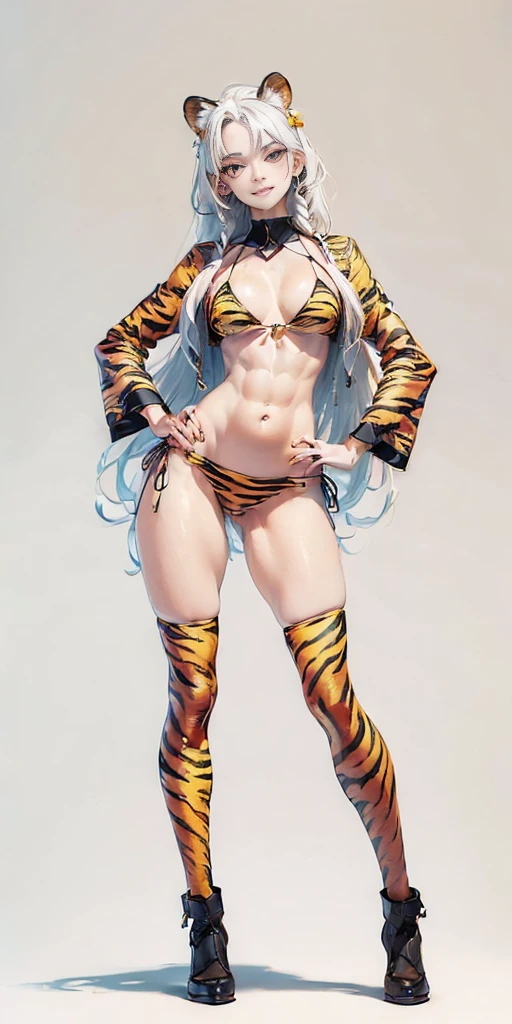 (((Plain background 1:2))) (masterpiece, high quality: 1.1) 1girl solo full body height standing straight symmetrical looking to the viewer, view from below, far shot, cow boy shot, hairstyle with a braid, white colored hair, yellow eyes, perfect lighting, muscular, thighs, mature woman, mummy, bellybutton, abs, looks at the viewer smile RED CHEEKS, extremely huge breasts, maternal, porcelain skin, extra very long hair, sparkly skin, good face, chest cover, HANDS ON HIPS (yellow tiger bikini print long sleeves and long stockings)