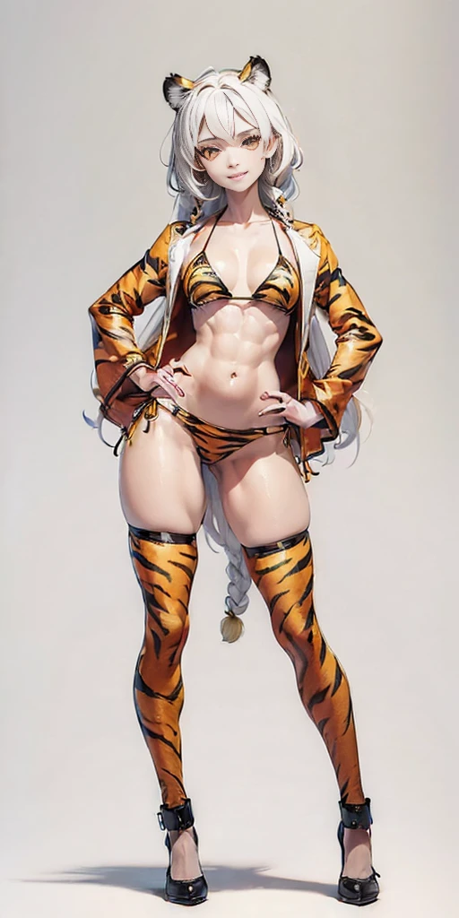 (((Plain background 1:2))) (masterpiece, high quality: 1.1) 1girl solo full body height standing straight symmetrical looking to the viewer, view from below, far shot, cow boy shot, hairstyle with a braid, white colored hair, yellow eyes, perfect lighting, muscular, thighs, mature woman, mummy, bellybutton, abs, looks at the viewer smile RED CHEEKS, extremely huge breasts, maternal, porcelain skin, extra very long hair, sparkly skin, good face, chest cover, HANDS ON HIPS (yellow tiger bikini print long sleeves and long stockings)