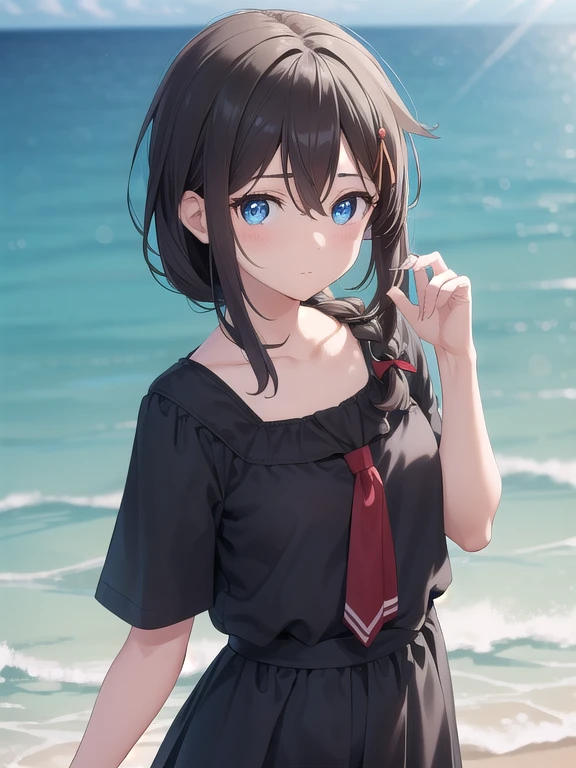 Shigure, Shigure, ahogo, By the chestnut, blue eyes, trenza, adorno para el pelo, pelo sobre el hombro, pelo largo, single trenza, solapas para el cabello,feliz,
ROMPER black guantes, serafuku negro, black camisa, black Falda, fingerless guantes, guantes, handkerchief, pleated Falda, red handkerchief, cuello marinero, , serafuku, camisa, Falda, white cuello marinero,
ROMPER looking at viewer, hand in lips,sparkling eyes
ROMPER outdoors, sea,
ROMPER (Obra maestra:1.2), mejor calidad, high resolution, fondo de pantalla de unidad 8k, (illustration:0.8), (hermosos ojos detallados:1.6), cara extremadamente detallada, Perfect lighting, CG extremadamente detallado, (manos perfectas, perfect anatomy),