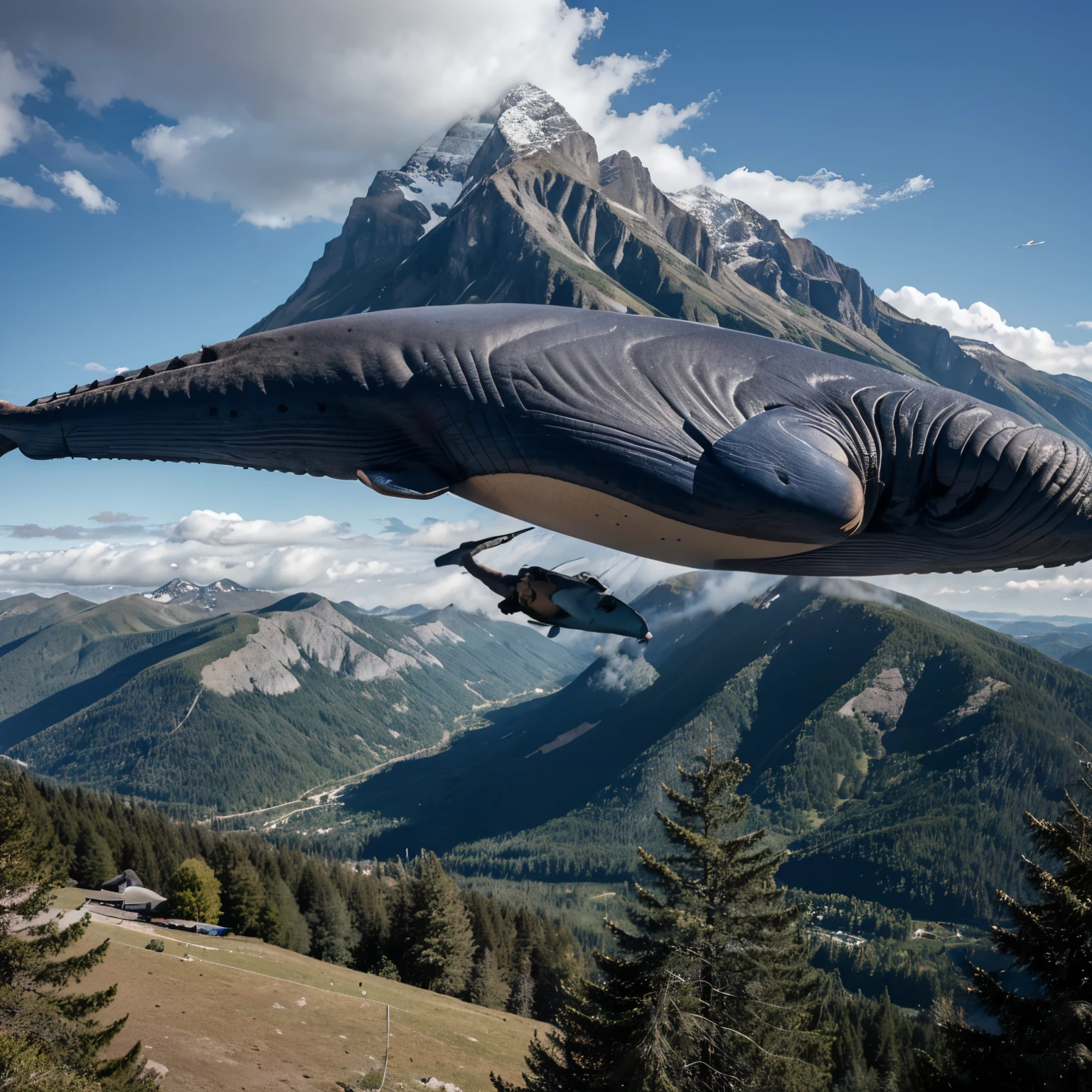 a rectangular image of a blue whale flying between clouds with mountains and trees in the landscape and a strong, long-haired man in the background