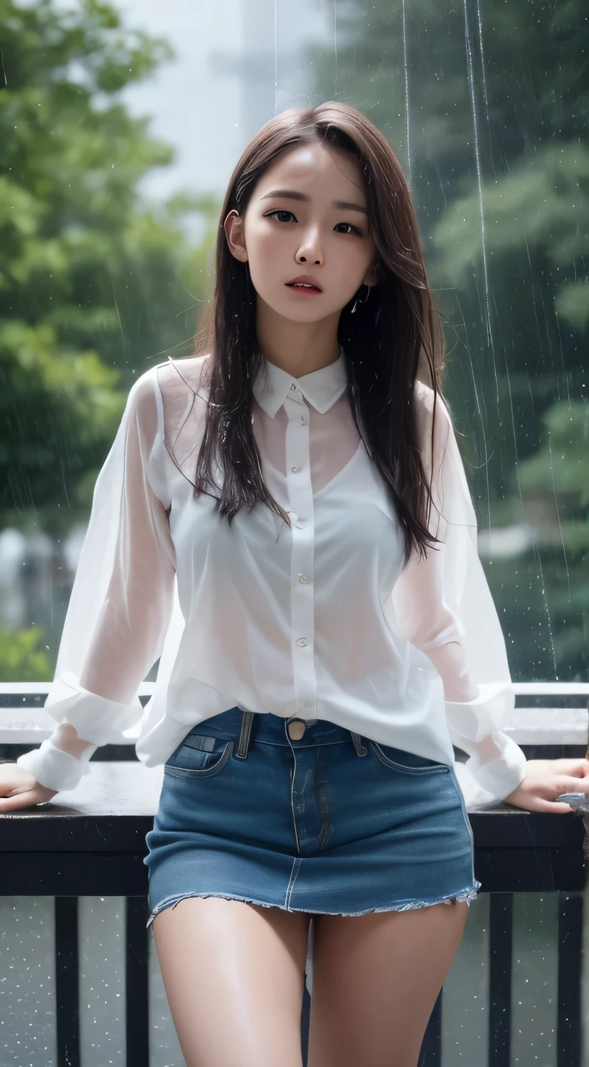Details, high resolution, high definition, perfect and dynamic composition, beautiful and delicate eyes, medium hair, natural lips, 20-year-old girl, alone, clear skin, shiny hair, on the table, top quality , figure , super detail, fine detail, high resolution, 8k, (raining) (raining) (raining) (raining) (raining) Accurate human body condition, cute pose, short bob, perfect beautiful face, KPOP idol face , there is a feeling of ecstasy on the face, gray underwear, blue miniskirt, raining, wet in the rain, transparent shirt, the background is the sea, random-looking female model Dressed'Fashion Magazine