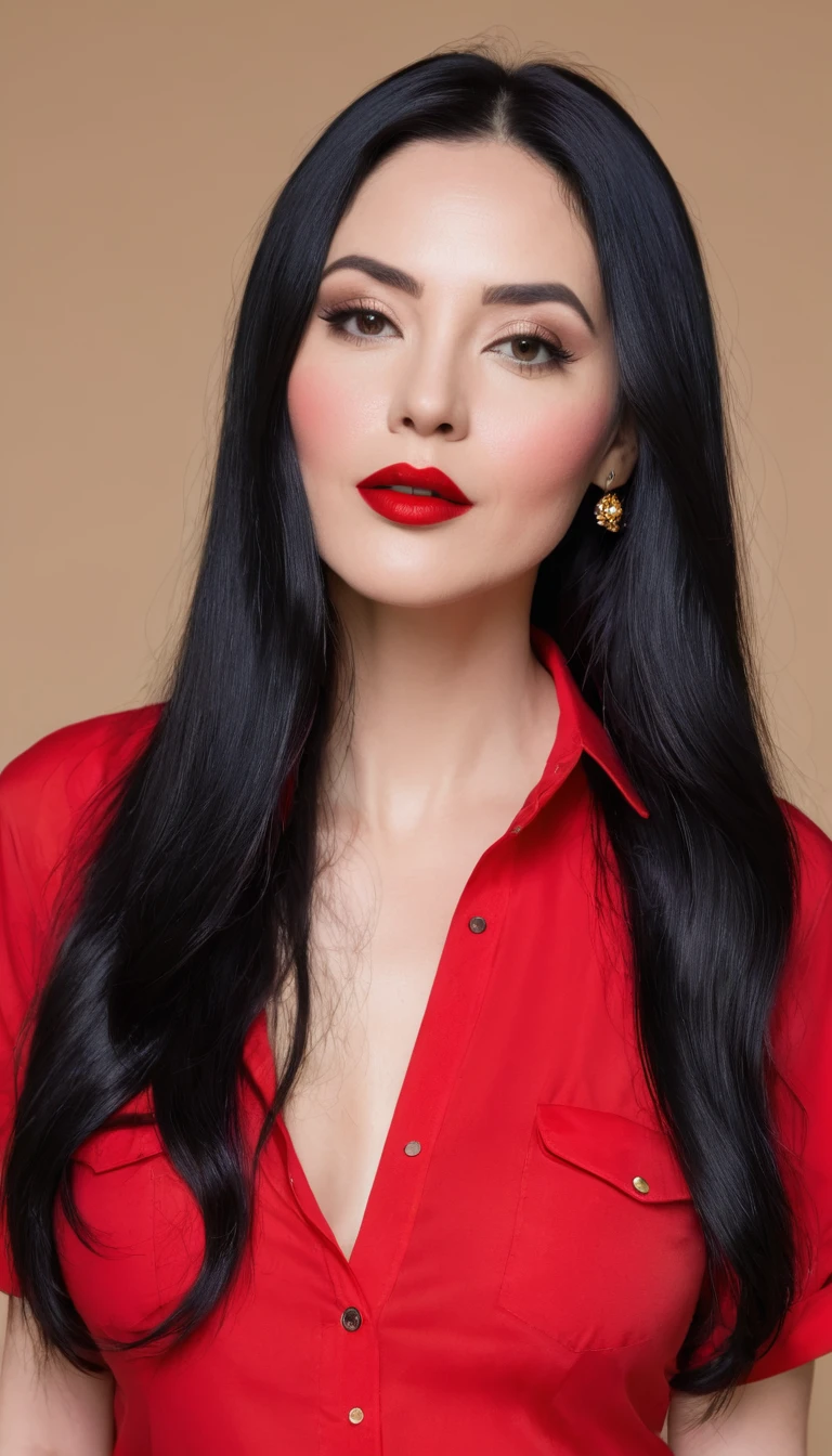 A woman with long black hair and bright red lipstick wearing a red shirt.