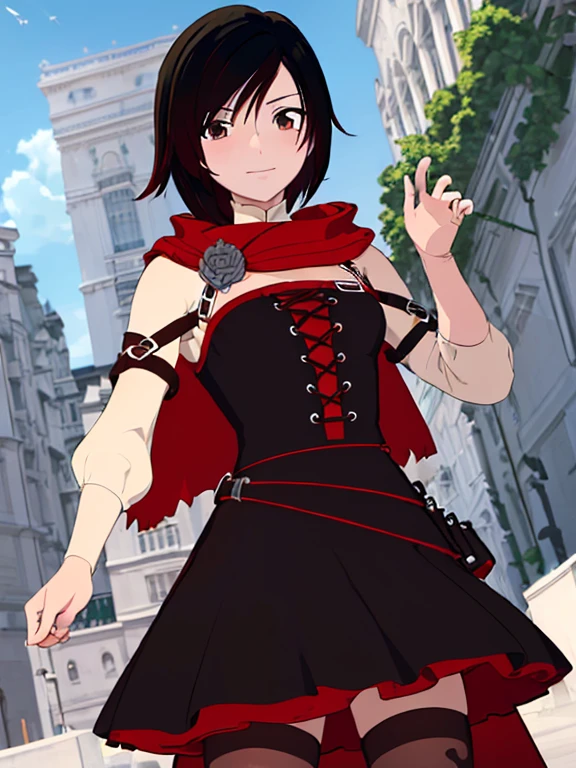 ((Obra maestra,mejor calidad)),  absurdos,
vestido largo blanco, 
ruby_rwby,
solo, sonriente, mirando al espectador, tiro de vaquero,
