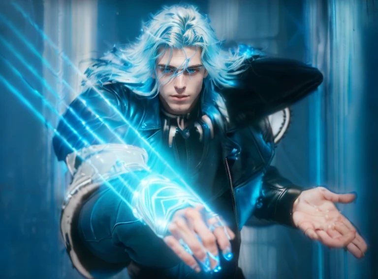 A boy with long blue hairs, blue leather jacket, metal shoukders pads, blue light from fingers, (((((photorealistic style raw))))
