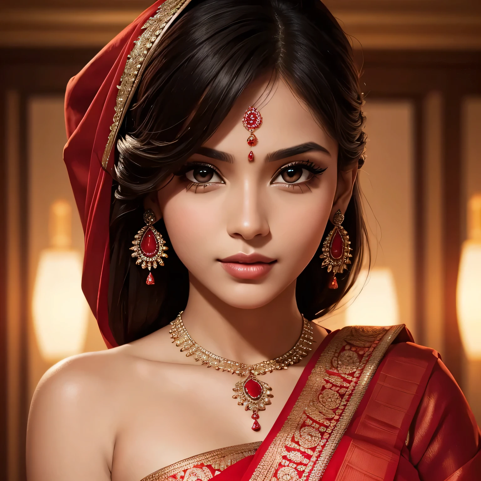 Amazing portrait of a sexy woman with a beautiful face dazzling in a stunning red saree