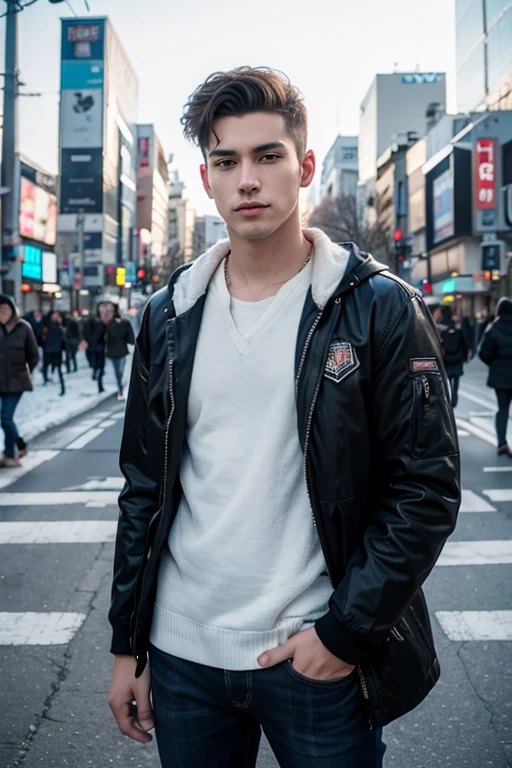 Photorealsitic, 8K full body portrait, a handsome, An 18-year-old man, A charming expression, Detailed facial details, TOKYOcty, Winters, Shibuya in the background