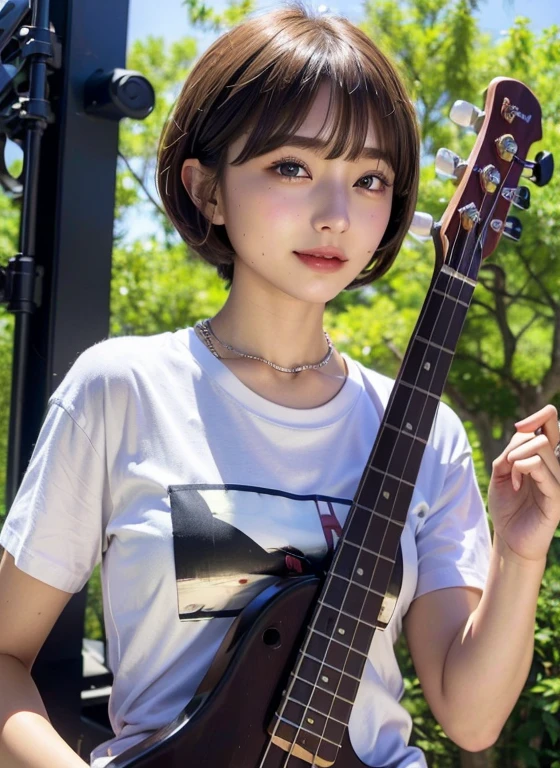 ((highest quality))、(masterpiece:1.4)、Raw photo、8k、((Best image quality))、 ((High resolution))、Beautiful face in every detail、Realistic human skin、Gentle expression、(One Woman:1.3 )、Realistic、(Pretty short hair:1.4)、(Beautiful woman)、(Cute Japanese Girl:1.3)、(boyish:1.3)、((mannish))、((Beautiful woman))、(Beautiful Hair)、((Dark brown hair))、(((Red cheeks)))、(Her eyes are big:1.3)、20 year old beauty、(Her face is small:1.3 )、Small Head、((Long neck))、necklace、((Music Festival))、(Concert T-shirts)、((on stage))、(Playing the bass guitar)、((Happy expression))、singer、Everyone respects her、rock band、(Young women respect her)、(popular person)、(dynamism)、(Larger clothes)、
