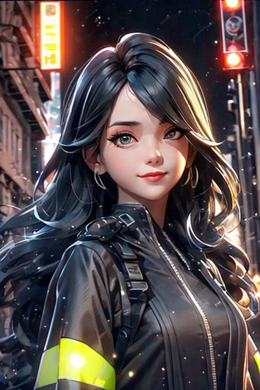 A woman in black with yellow reflective stripes firefighter costume posing for a picture, A cyber girl, pretty face, fire truck on the streets of new york city in the background, sparkling simple make up, hippie clothes, sparkling pictures, high quality pictures