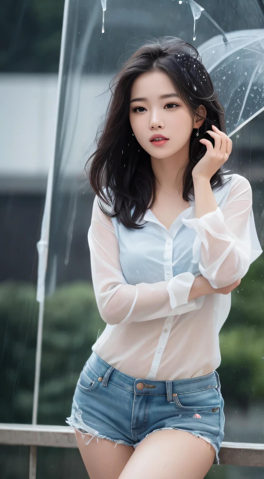 Details, high resolution, high definition, perfect and dynamic composition, beautiful and delicate eyes, medium hair, natural lips, 20-year-old girl, alone, clear skin, shiny hair, on the table, top quality , figure , super detail, fine detail, high resolution, 8k, (raining) (raining) (raining) (raining) (raining) Drops of hair, accurate human body condition, cute pose, short bob, perfect beautiful face , KPOP idol's face, there is a feeling of ecstasy on the face, gray underwear, blue miniskirt, raining, wet in the rain, transparent shirt, the background is the sea, a random kind of female model Dressed'Fashion Magazine