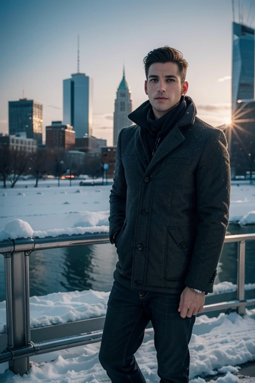 Photorealsitic, 8K full body portrait, a handsome, An 25-year-old man, A charming expression, Detailed facial details, NEW YORKcty, Winters, New York in the background