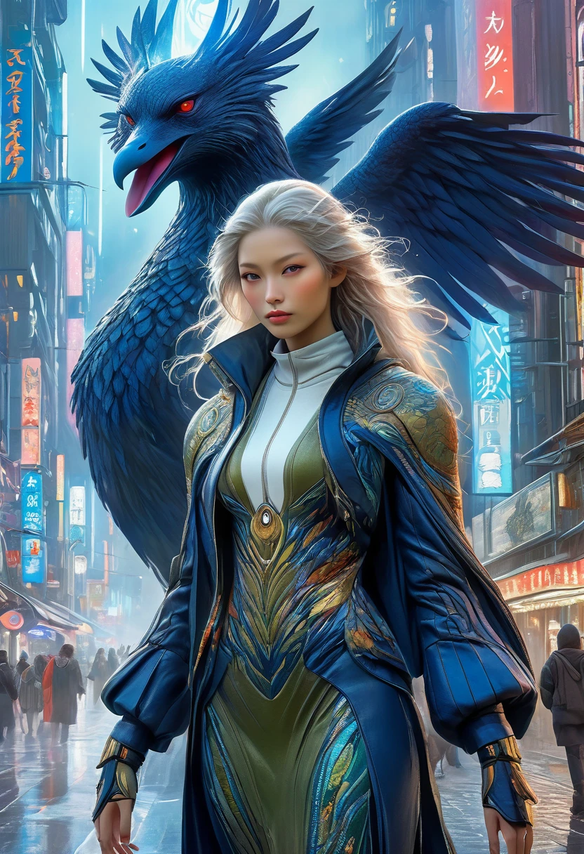 (best quality,4k,highres),(realistic,photorealistic:1.37),(Yoshitaka Amano style:1.1) A nordic woman and her guardian familiar, mystical creature,otherworldly creature, kaiju-like,enchanting companions,wearing stylish futuristic clothes,inspired by Phantasy Star Online, lustful poses, (The woman, with her eyes brightly colored, no makeup and her nordic facial features elegantly detailed, adding to her allure. Dressed in elegant casual clothes with a stylish futuristic jacket.), (She is accompanied by a guardian, a bear and phoenix mixed creature with exquisite anatomical features, including extra eyes. The creature's presence adds a sense of wonder and magic to the scene.), (The woman and her companion stand in a vibrant and bustling city, a modern metropolis with bustling streets, and vibrant signs. The colors are vibrant, with a mixture of dark blues, olive, and pale reds creating a dreamlike atmosphere.), (The lighting is soft but illuminating, casting a gentle glow on both the woman and the creature.), (The overall composition has a realistic and photorealistic quality, capturing the essence of the scene in intricate detail.), (The art style is inspired by Yoshitaka Amano, known for his ethereal and otherworldly illustrations. The combination of realistic elements with the artist's unique style creates a captivating and visually stunning image.)