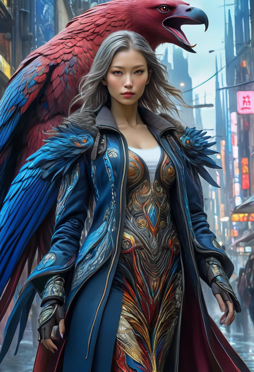 (best quality,4k,highres),(realistic,photorealistic:1.37),(Yoshitaka Amano style:1.1) A nordic woman and her guardian familiar, mystical creature,otherworldly creature, kaiju-like,enchanting companions,wearing stylish futuristic clothes,inspired by Phantasy Star Online, lustful poses, (The woman, with her eyes brightly colored, no makeup and her nordic facial features elegantly detailed, adding to her allure. Dressed in elegant casual clothes with a stylish futuristic jacket.), (She is accompanied by a guardian, a bear and phoenix mixed creature with exquisite anatomical features, including extra eyes. The creature's presence adds a sense of wonder and magic to the scene.), (The woman and her companion stand in a vibrant and bustling city, a modern metropolis with bustling streets, and vibrant signs. The colors are vibrant, with a mixture of dark blues, olive, and pale reds creating a dreamlike atmosphere.), (The lighting is soft but illuminating, casting a gentle glow on both the woman and the creature.), (The overall composition has a realistic and photorealistic quality, capturing the essence of the scene in intricate detail.), (The art style is inspired by Yoshitaka Amano, known for his ethereal and otherworldly illustrations. The combination of realistic elements with the artist's unique style creates a captivating and visually stunning image.)