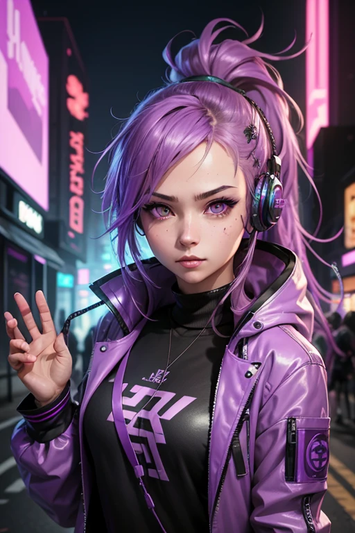 ((Best Quality)), Girl, 2d Anime, masterpiece, detailed ,scientific, purple eyes, ponytail hair, hair purple, ciberpunk outfit, cyberpunk headset, Cyberpunk Style, cyber wallpaper, purple survival jacke, waving his hand