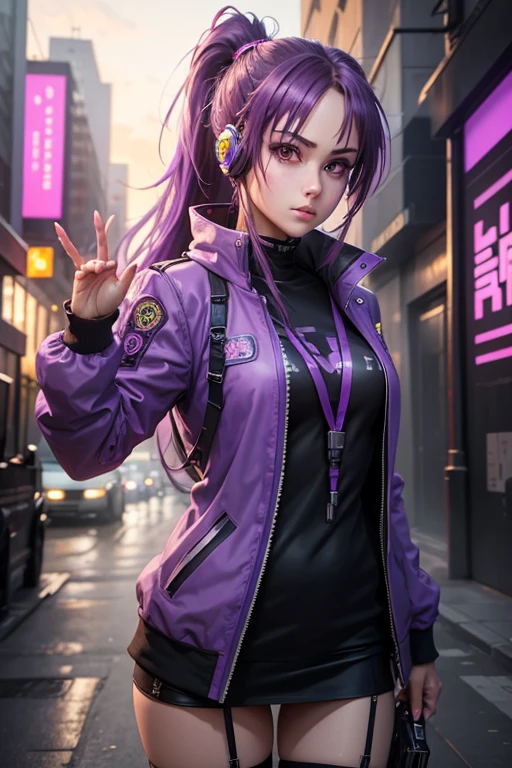 ((Best Quality)), Girl, 2d Anime, masterpiece, detailed ,scientific, purple eyes, ponytail hair, hair purple, ciberpunk outfit, cyberpunk headset, Cyberpunk Style, cyber wallpaper, purple survival jacke, waving his hand