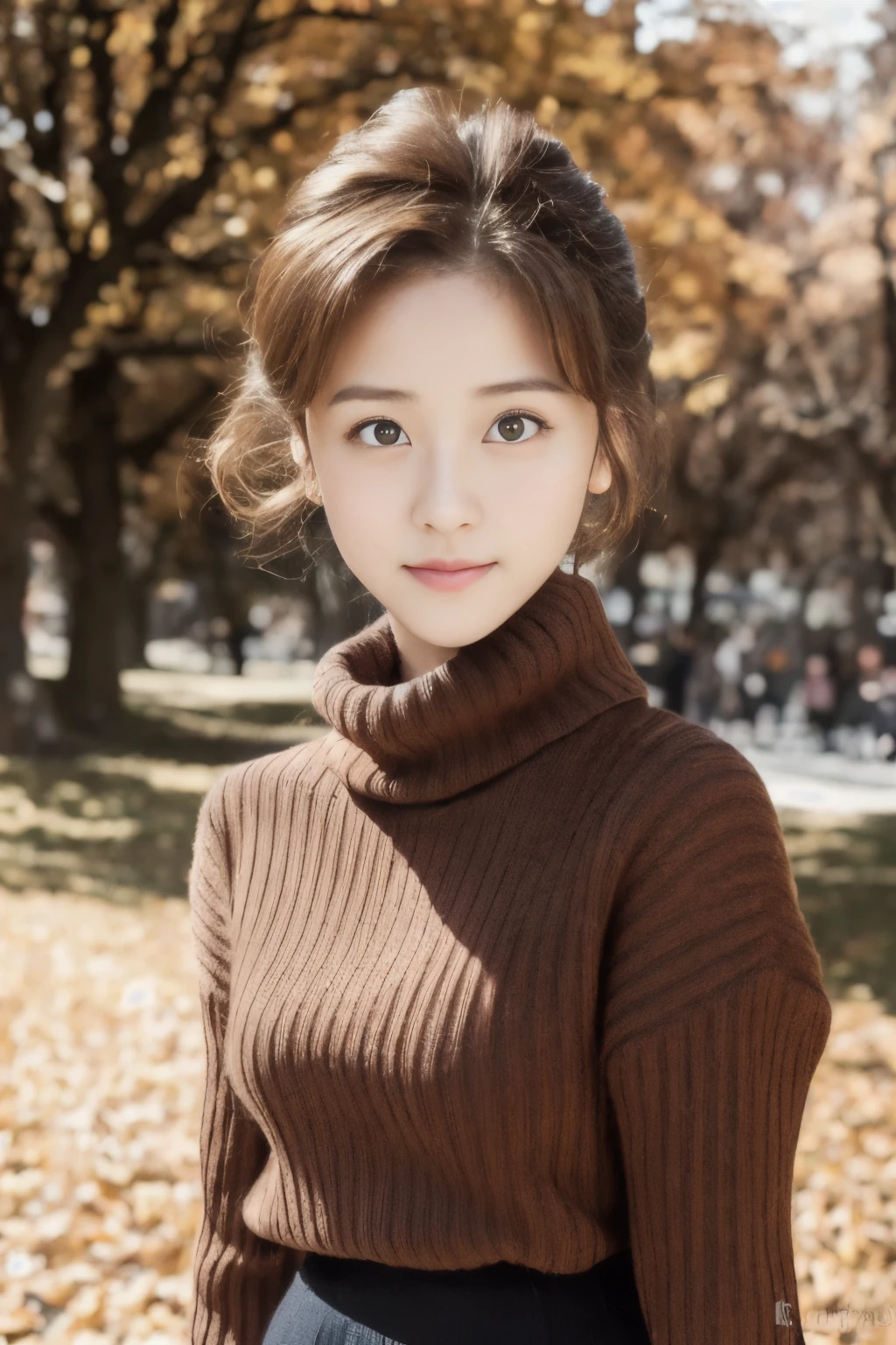 medium (shoulder-length:1.2) updo caramel hair, (masutepiece:1.1),(Best Quality), (Raw photo), (Beautiful Japan girl), (Cute face),
(hitornfreckles:0.6), Cute lips,
Dynamic lighting,
Provocative,
Happy,
In the park,
(Black turtleneck sweater and checked mini skirt),
(Photo collection of female college students),
